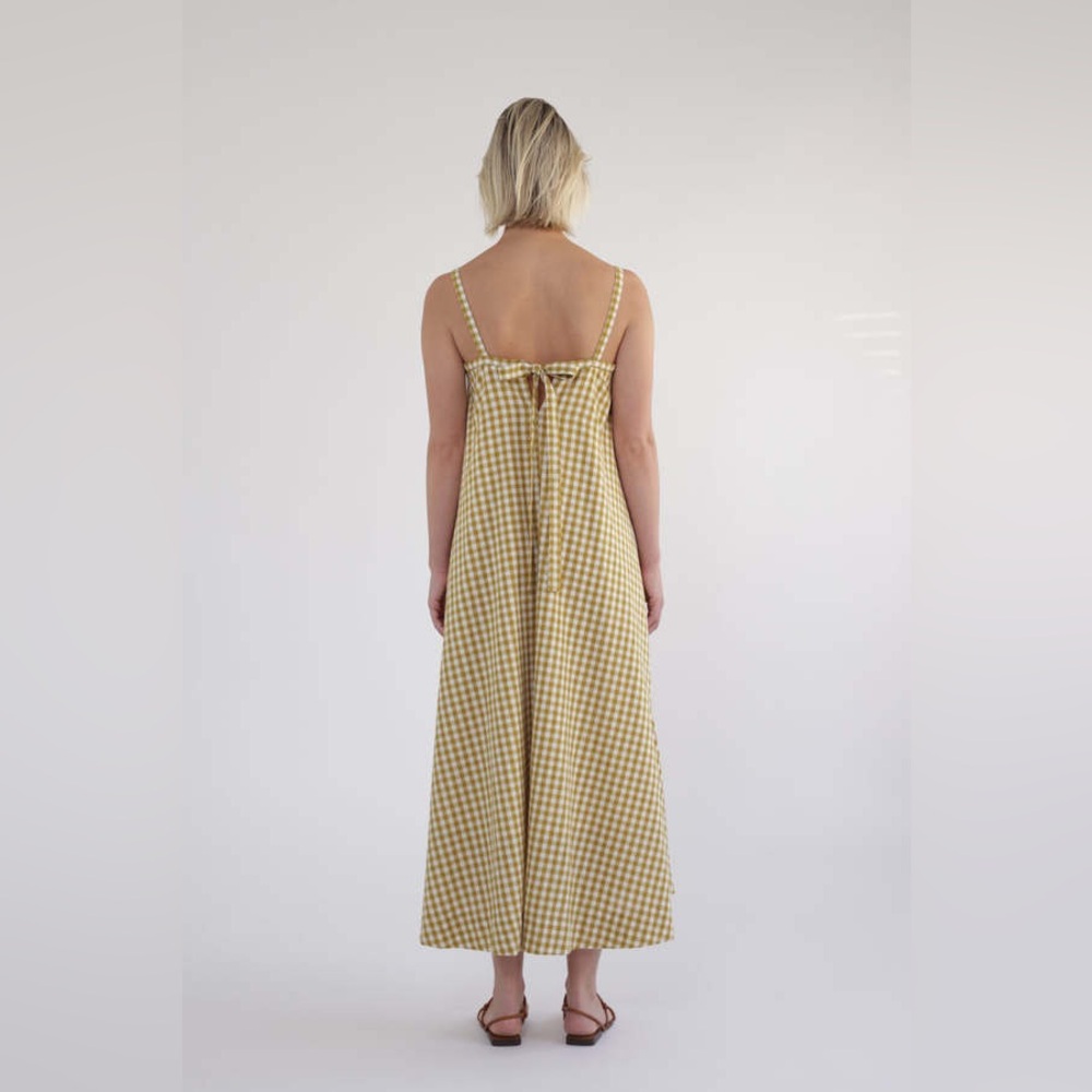 AMENTE TIE BACK MIDI DRESS - MUSTARD GINGHAM New Size Medium - Picture 5 of 9